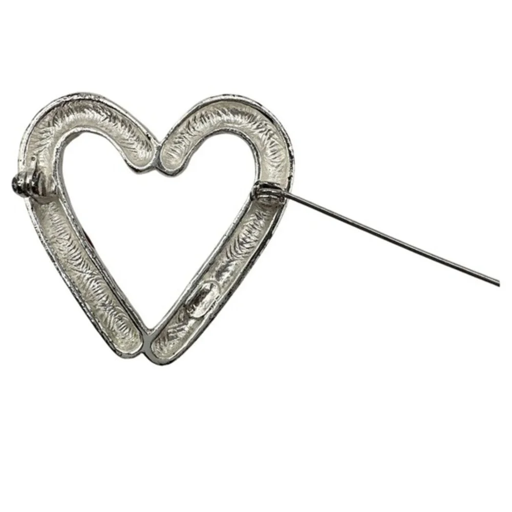 Candy Cane Heart Brooch Red White Glitter Enamel Holiday Pin‎ Silver Tone J-01
